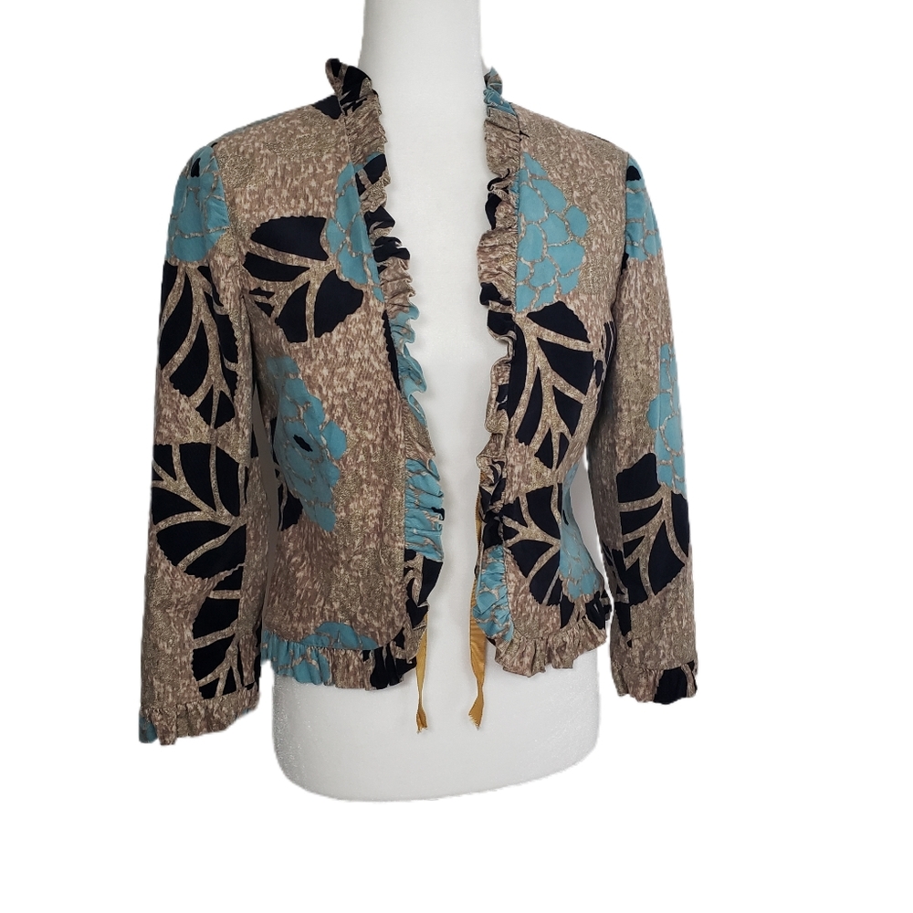 Odille Anthro Tan and Aqua Ruffled Hem Collar and Wrists Lined Short Blazer Sz 8